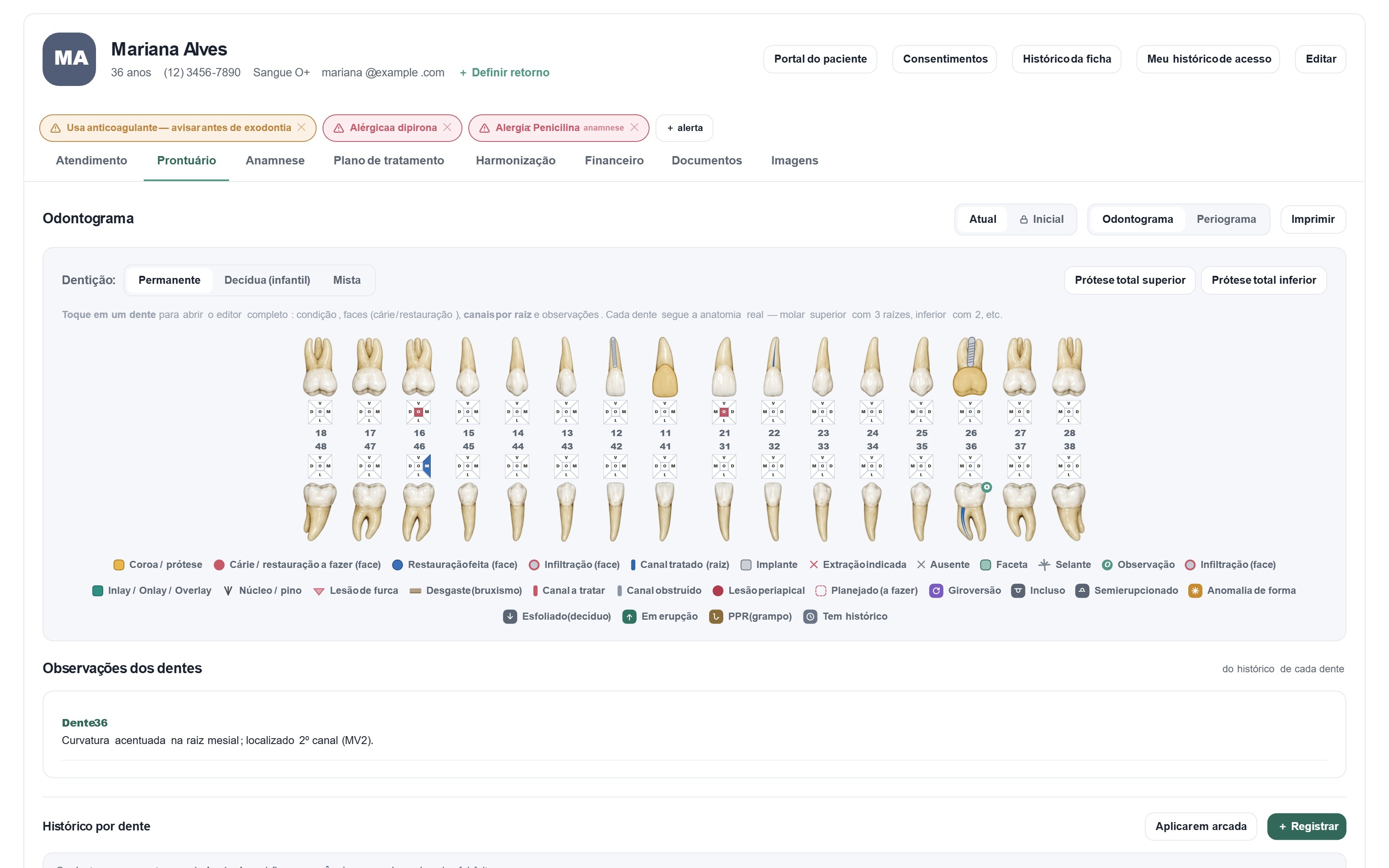 Ficha do paciente com a evolução clínica em ordem cronológica, cada atendimento com data e identificação de quem atendeu.